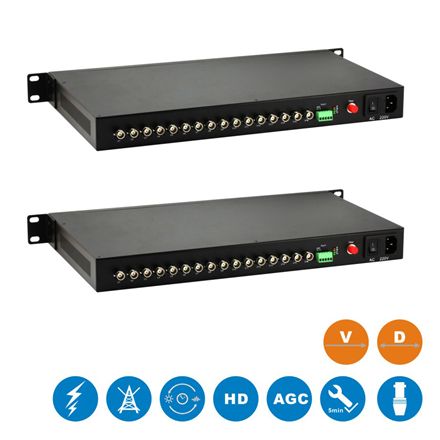Transmisor y Receptor de Fibra Optica a Video,16Cn TVI/CVI/AHD y Datos - UTP116HVD